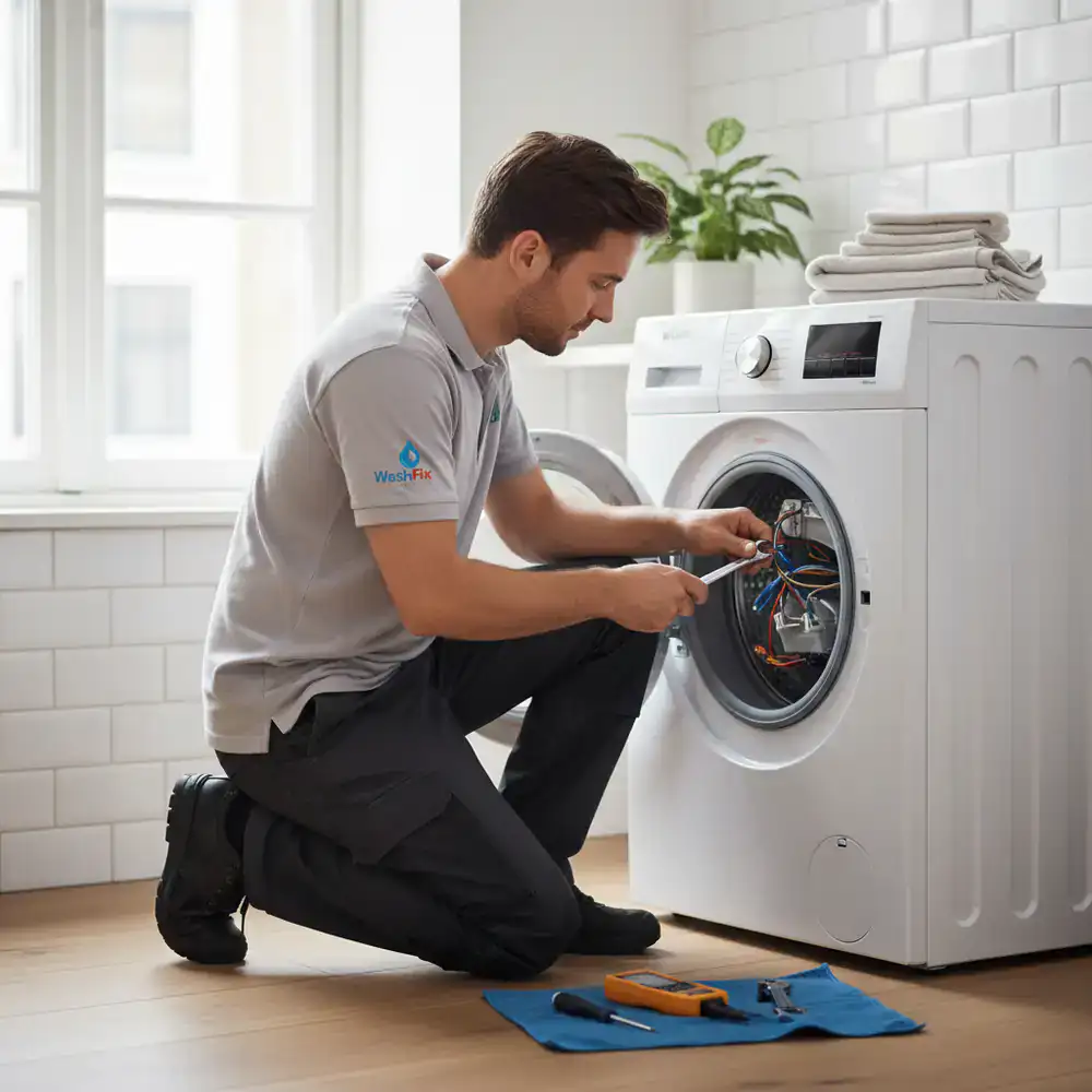 Monteur van WashFix Studio repareert een wasmachine in Haarlem